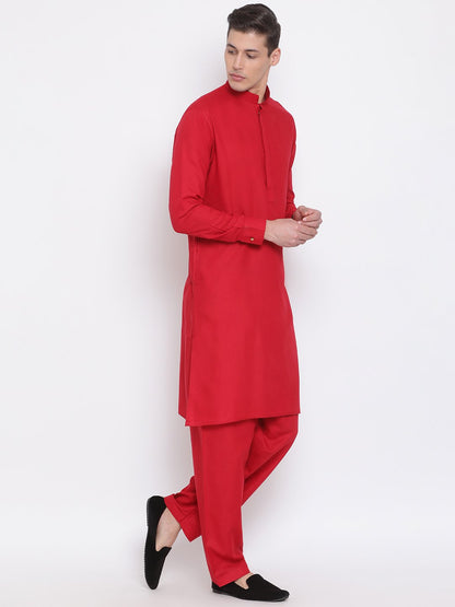 Men's Maroon Cotton Blend Kurta and Pyjama Set