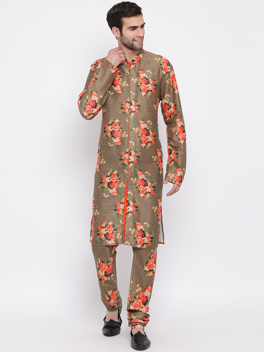 Men's Beige Floral Printed Kurta Pyjama Set With Leharia Border