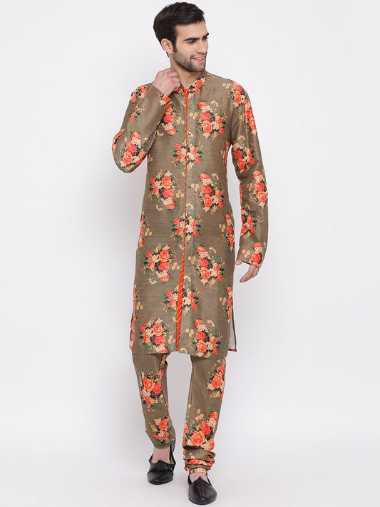 Men's Beige Floral Printed Kurta Pyjama Set With Leharia Border