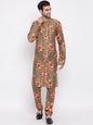 Men's Beige Floral Printed Kurta Pyjama Set With Leharia Border