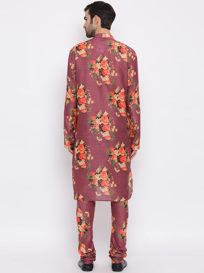 Men's Wine Floral Printed Kurta Pyjama Set With Leharia Border