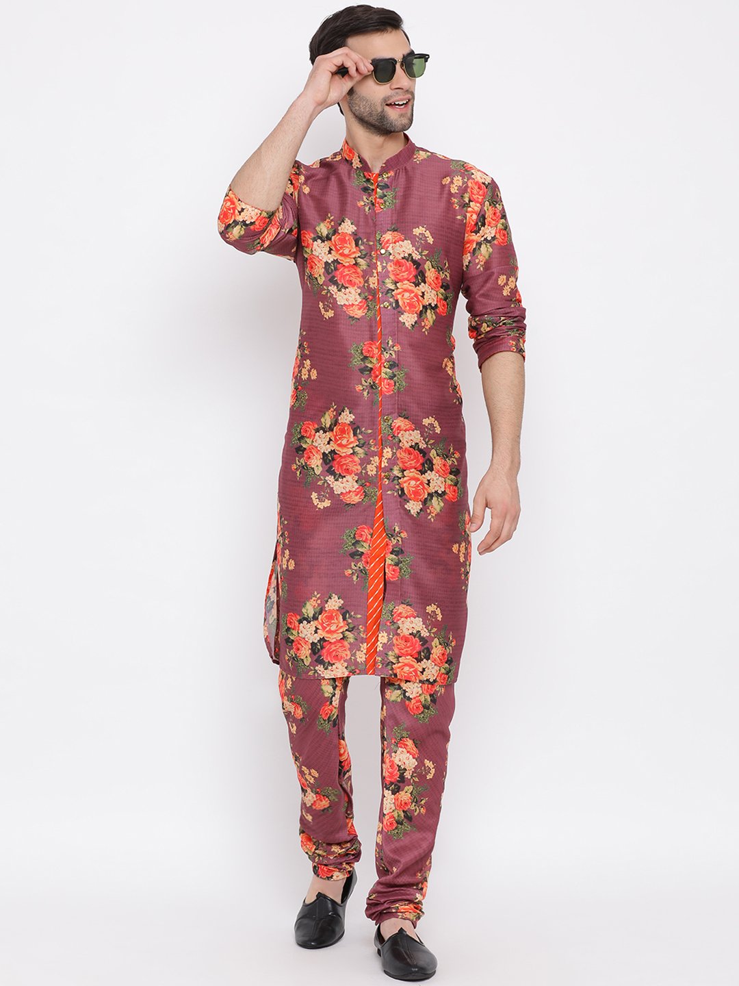 Men's Wine Floral Printed Kurta Pyjama Set With Leharia Border