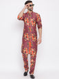 Men's Wine Floral Printed Kurta Pyjama Set With Leharia Border