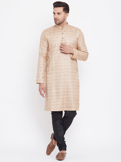 Men's Beige And Black Silk Blend Kurta Pyjama Set