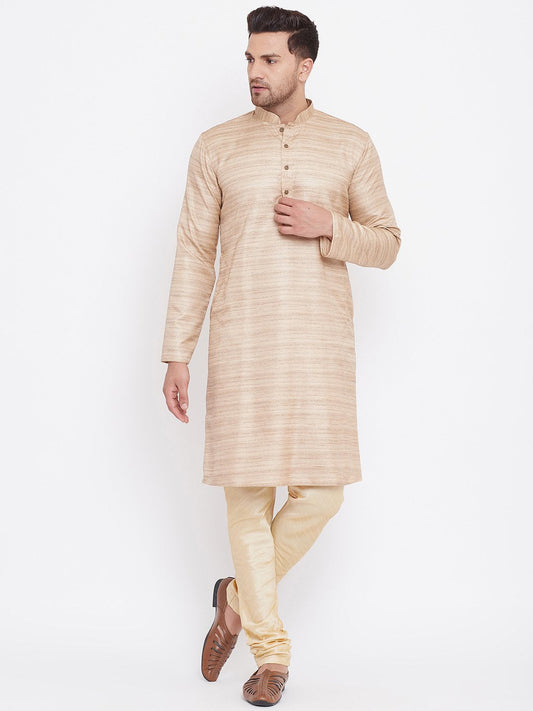 Men's Beige And Gold Silk Blend Kurta Pyjama Set