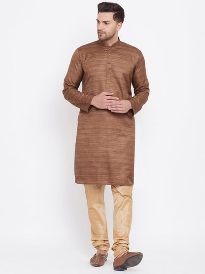 Men's Coffee Brown And Rose Gold Silk Blend Kurta Pyjama Set