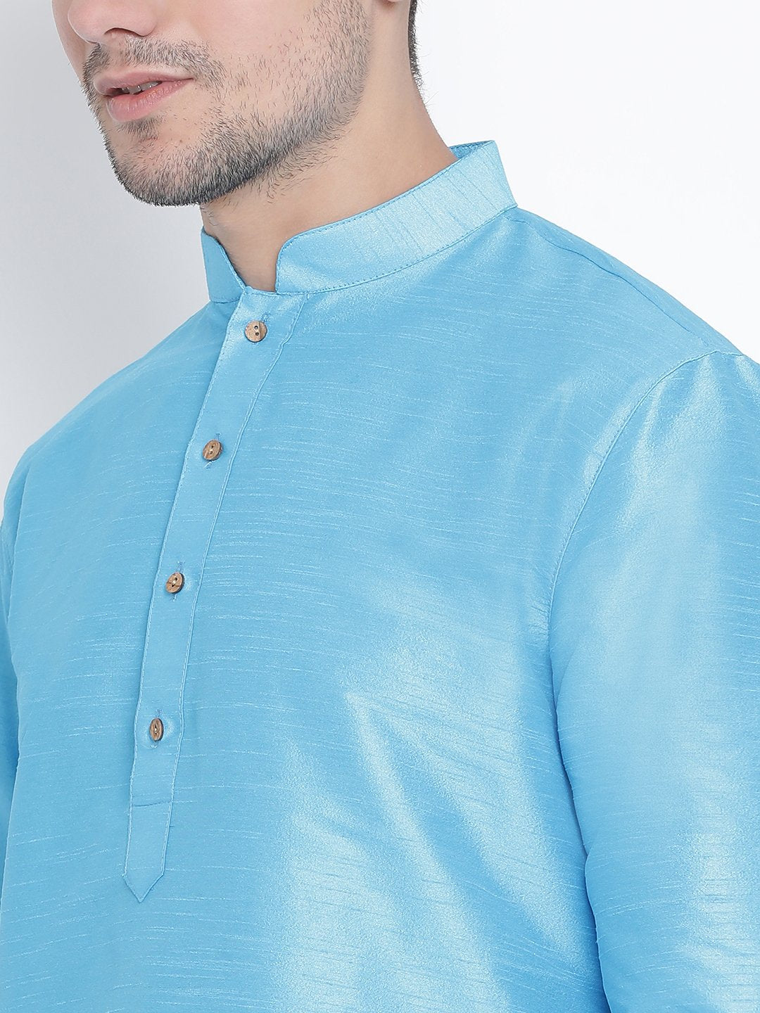 Men's Light Blue Cotton Silk Blend Kurta