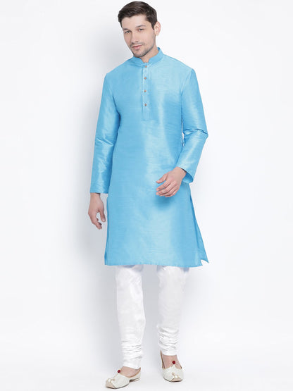 Men's Light Blue Cotton Silk Blend Kurta