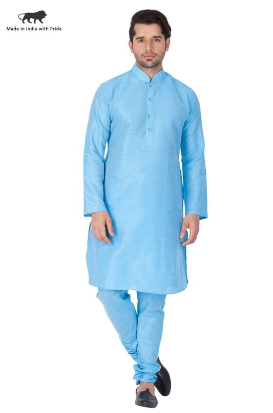 Men's Light Blue Cotton Silk Blend Kurta and Pyjama Set