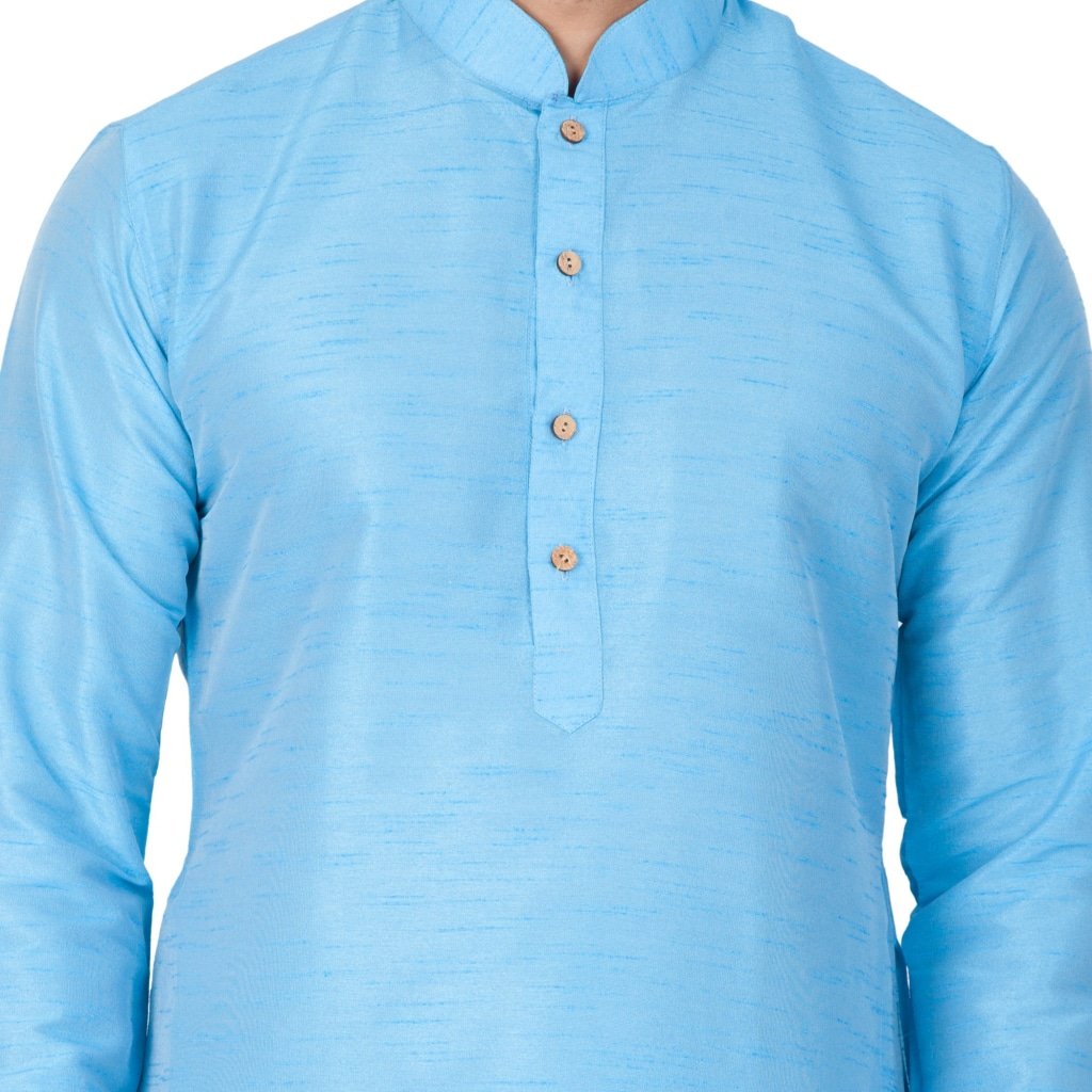 Men's Light Blue Cotton Silk Blend Kurta and Pyjama Set