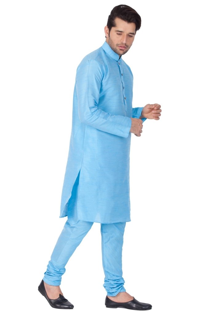 Men's Light Blue Cotton Silk Blend Kurta and Pyjama Set