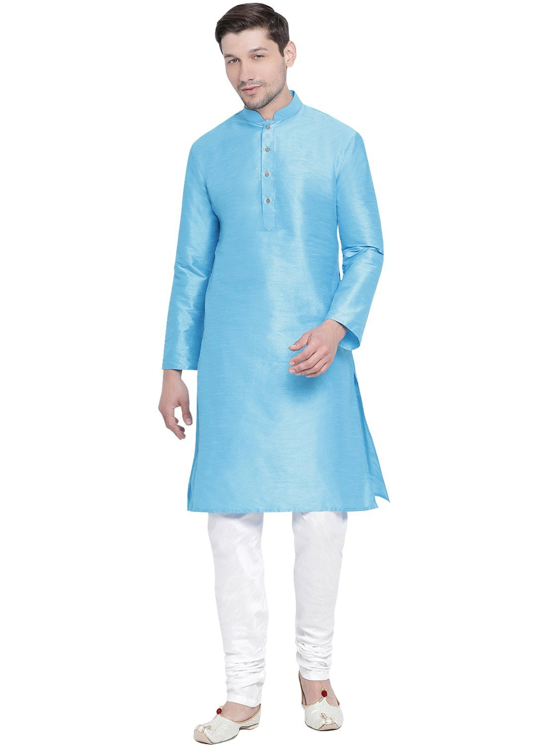 Men's Light Blue Cotton Silk Blend Kurta and Pyjama Set