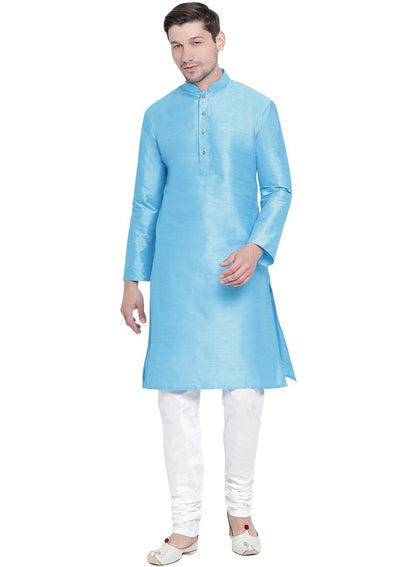 Men's Light Blue Cotton Silk Blend Kurta and Pyjama Set