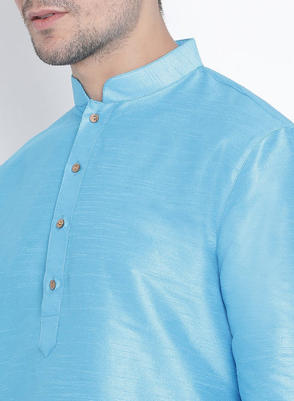 Men's Light Blue Cotton Silk Blend Kurta and Pyjama Set