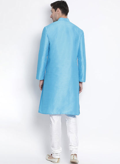 Men's Light Blue Cotton Silk Blend Kurta and Pyjama Set
