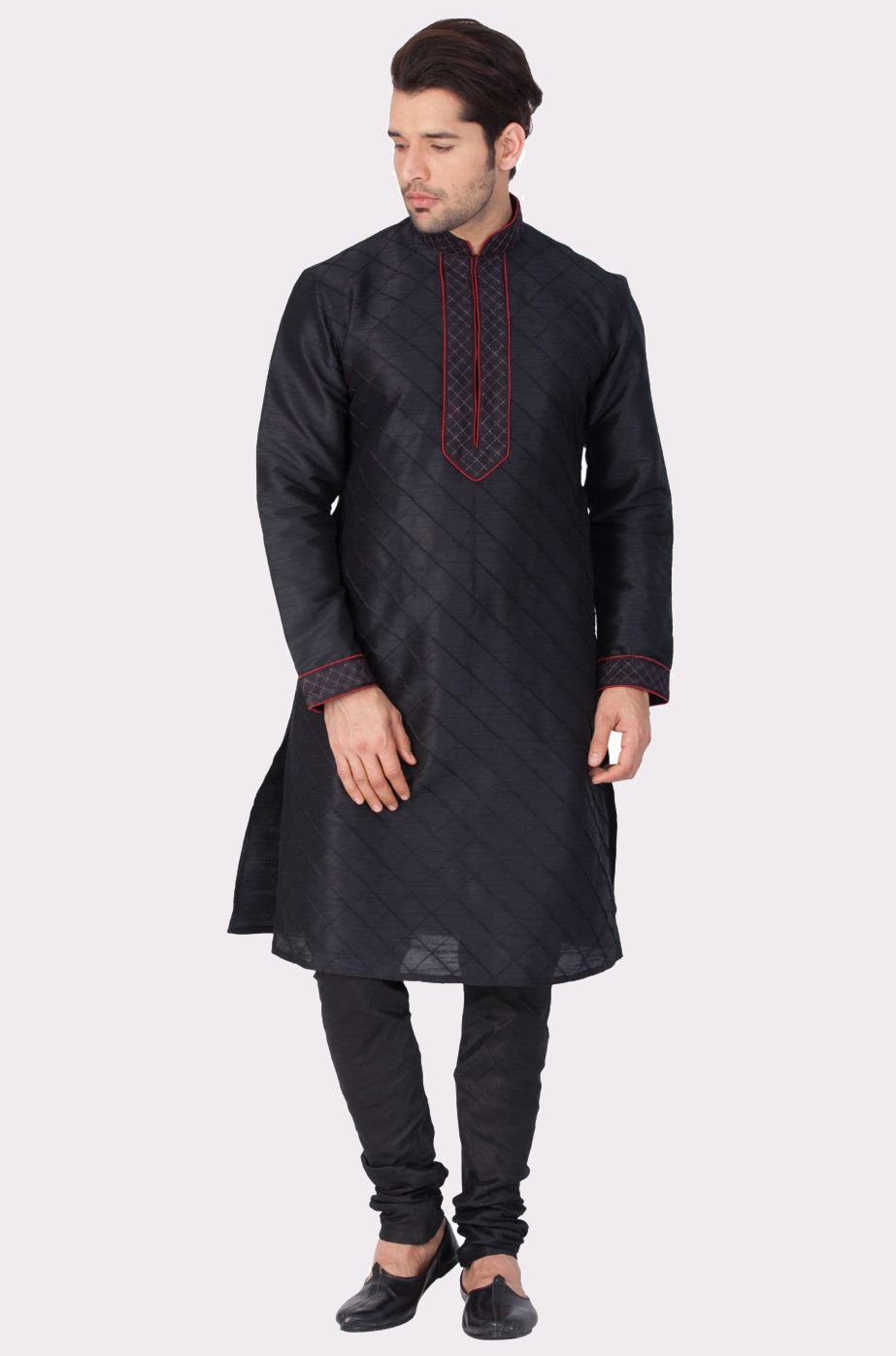 Men's Black Cotton Silk Blend Kurta and Pyjama Set