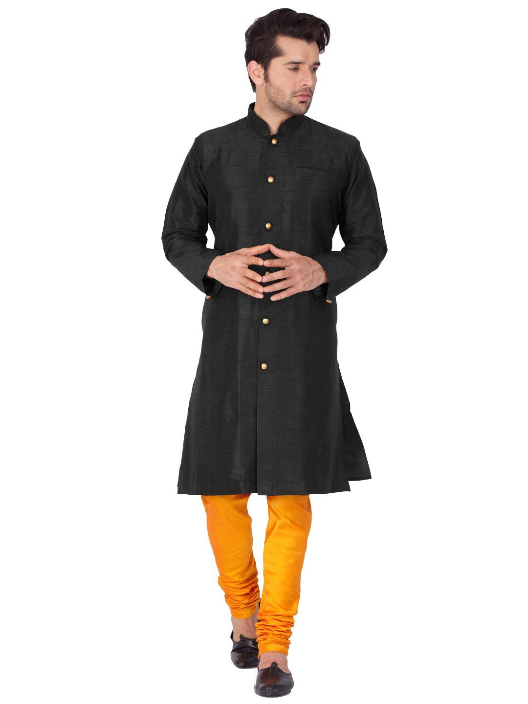 Men's Black Cotton Silk Blend Sherwani Set