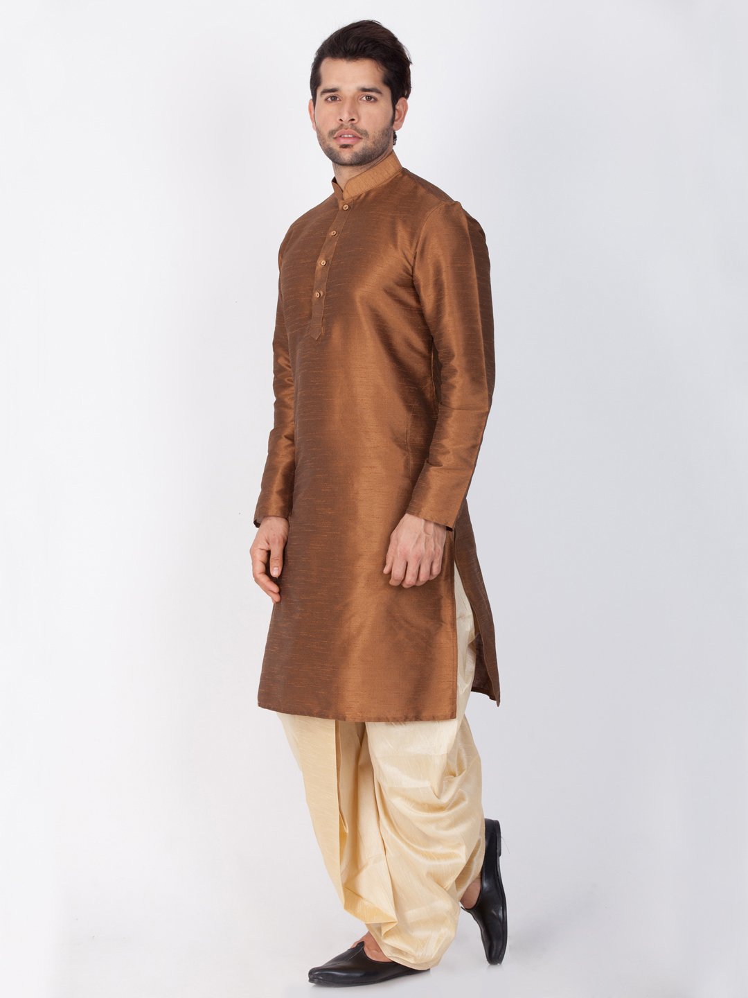 Men's Brown Cotton Silk Blend Kurta and Dhoti Pant Set
