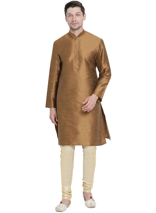 Men's Brown Cotton Silk Blend Kurta and Pyjama Set