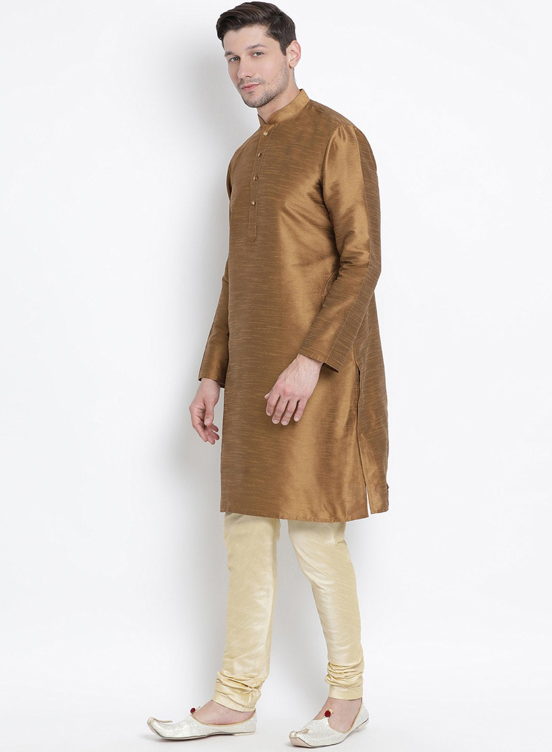 Men's Brown Cotton Silk Blend Kurta and Pyjama Set