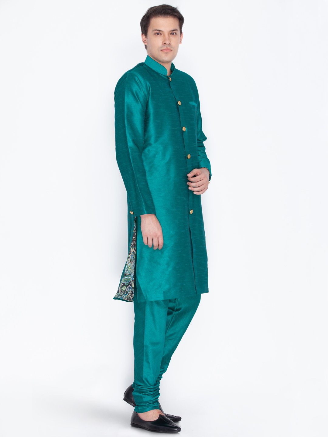 Men's Green Cotton Silk Blend Sherwani Set