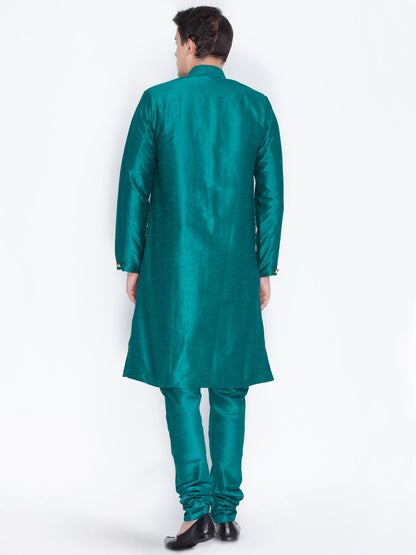 Men's Green Cotton Silk Blend Sherwani Set