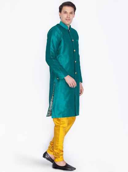 Men's Green Cotton Silk Blend Sherwani Set