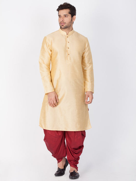 Men's Gold Cotton Silk Blend Kurta and Dhoti Pant Set