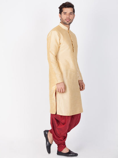 Men's Gold Cotton Silk Blend Kurta and Dhoti Pant Set