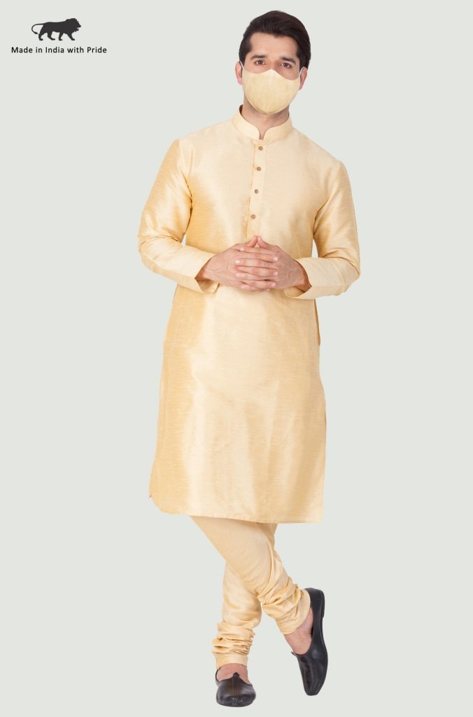 Men's Gold Cotton Silk Blend Kurta and Pyjama Set