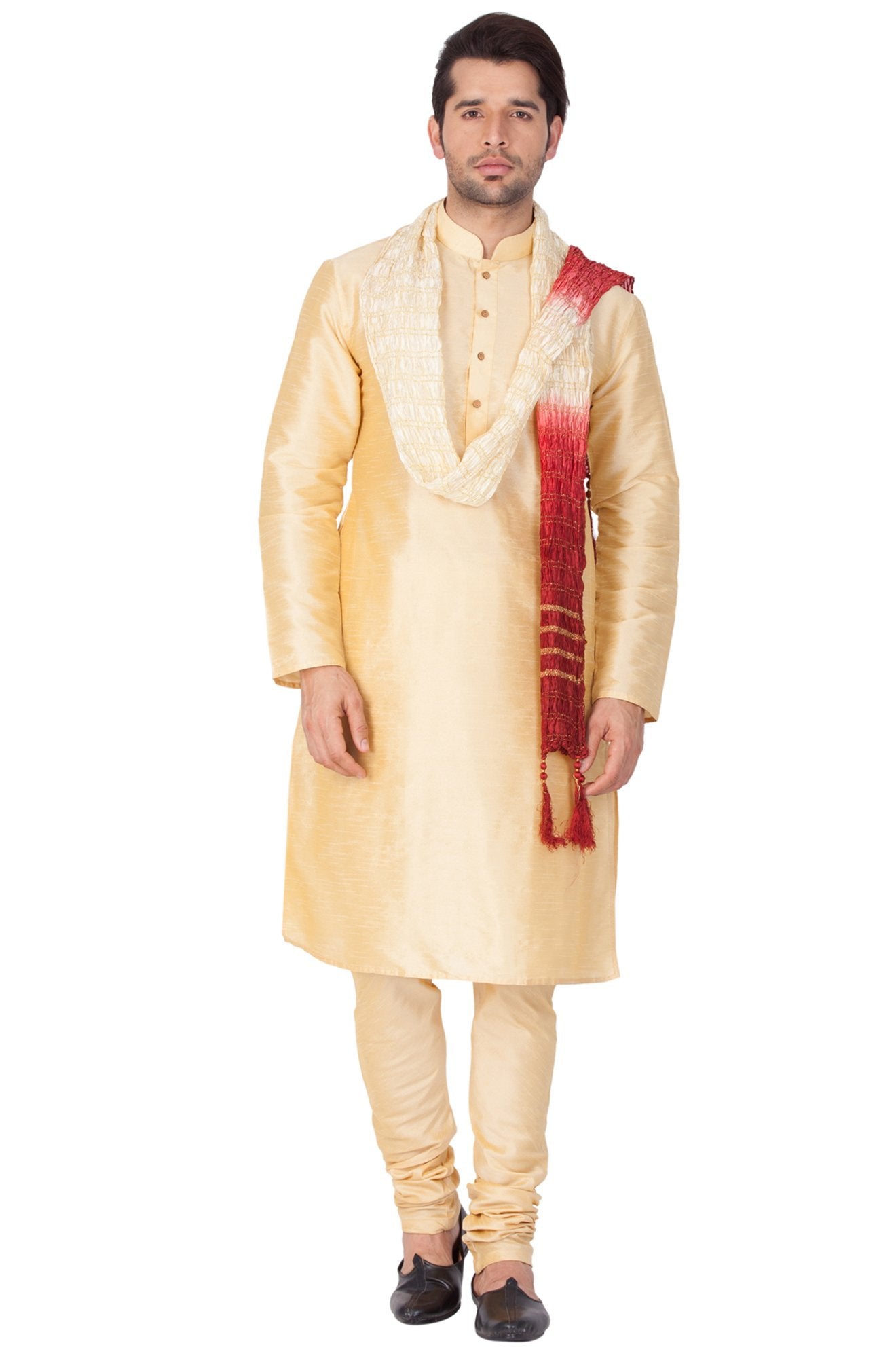 Men's Gold Cotton Silk Blend Kurta, Pyjama &amp; Dupatta Set