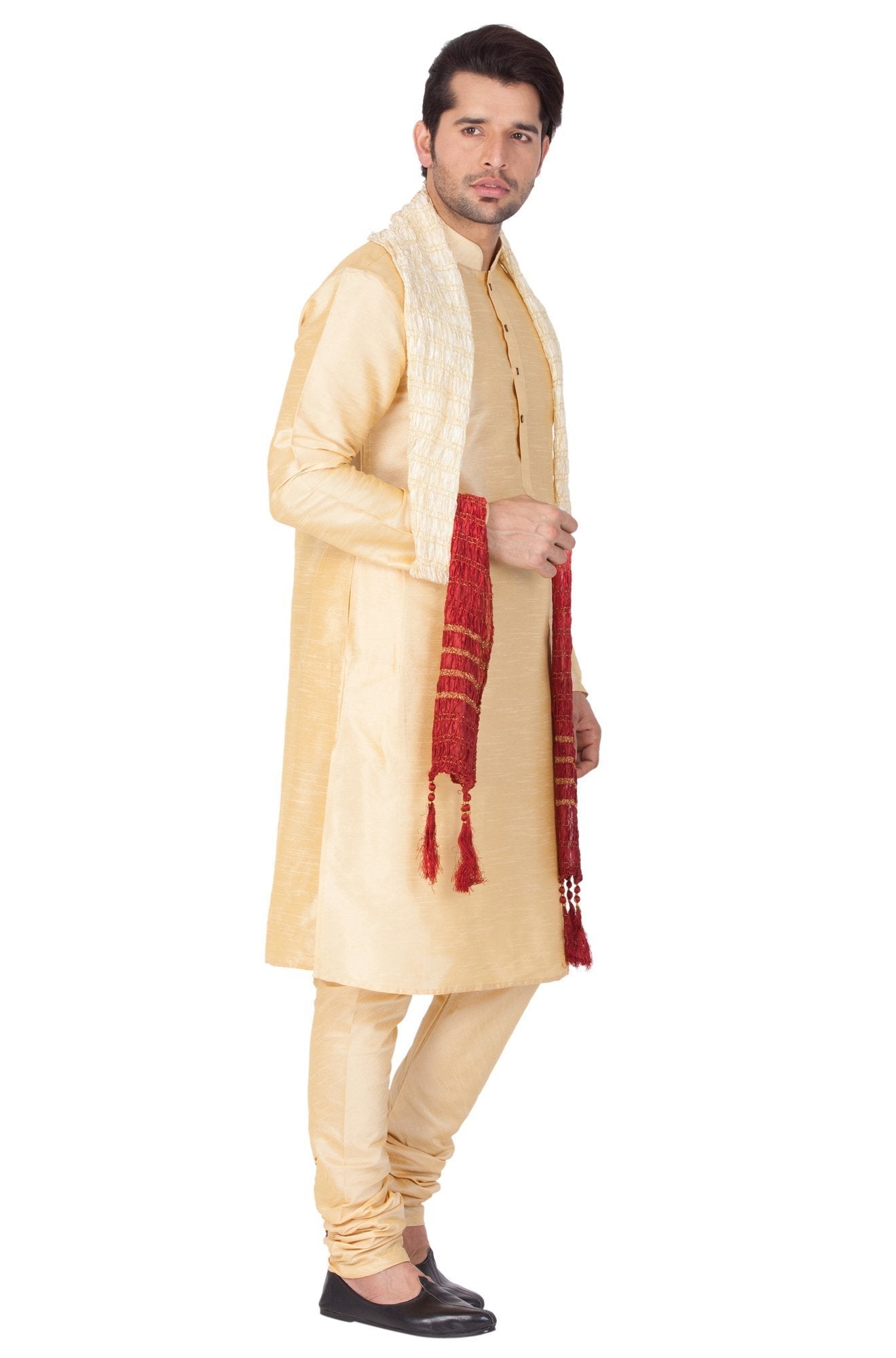Men's Gold Cotton Silk Blend Kurta, Pyjama &amp; Dupatta Set
