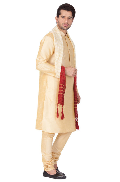 Men's Gold Cotton Silk Blend Kurta, Pyjama &amp; Dupatta Set