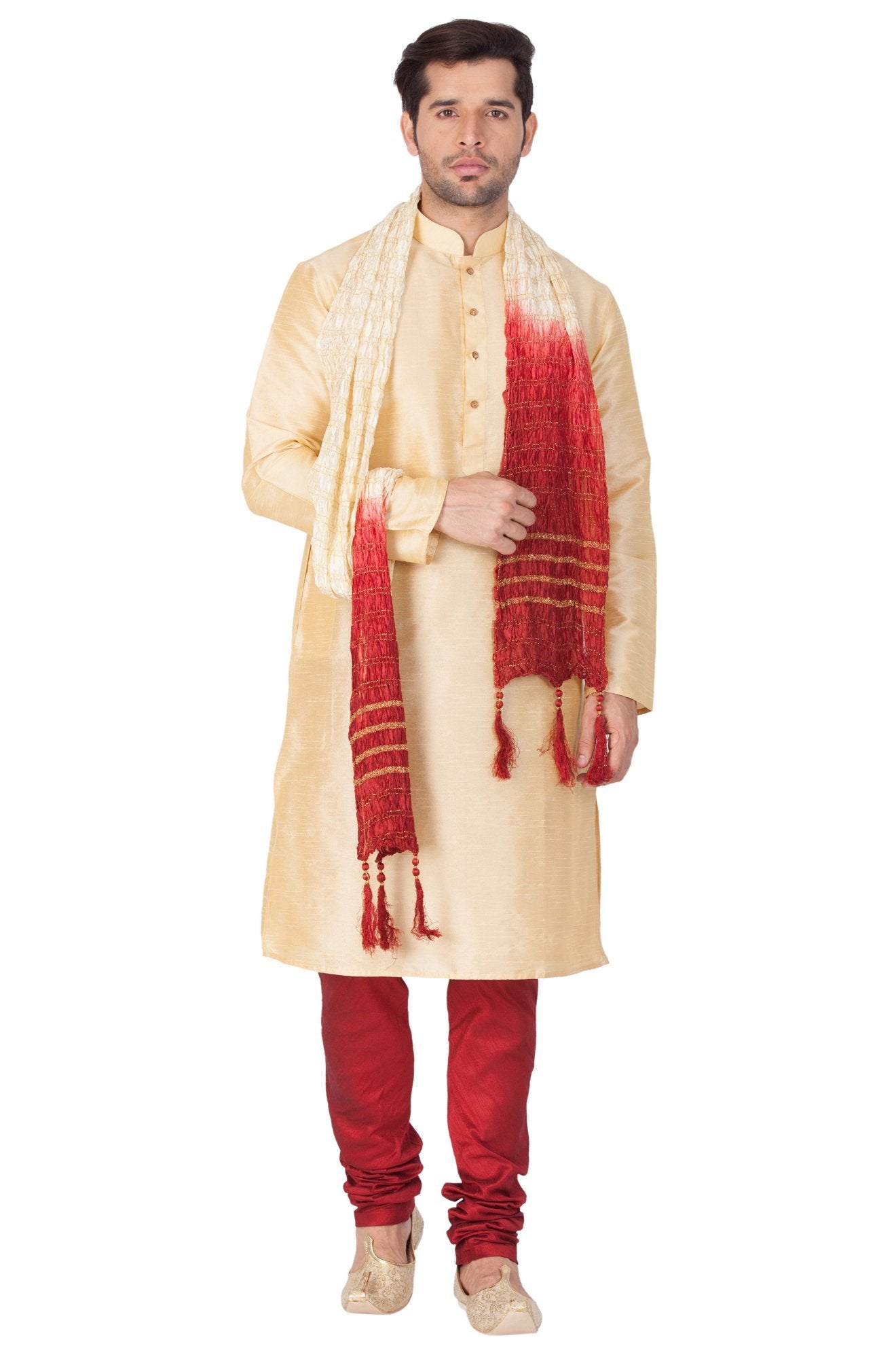 Men's Gold Cotton Silk Blend Kurta, Pyjama &amp; Dupatta Set