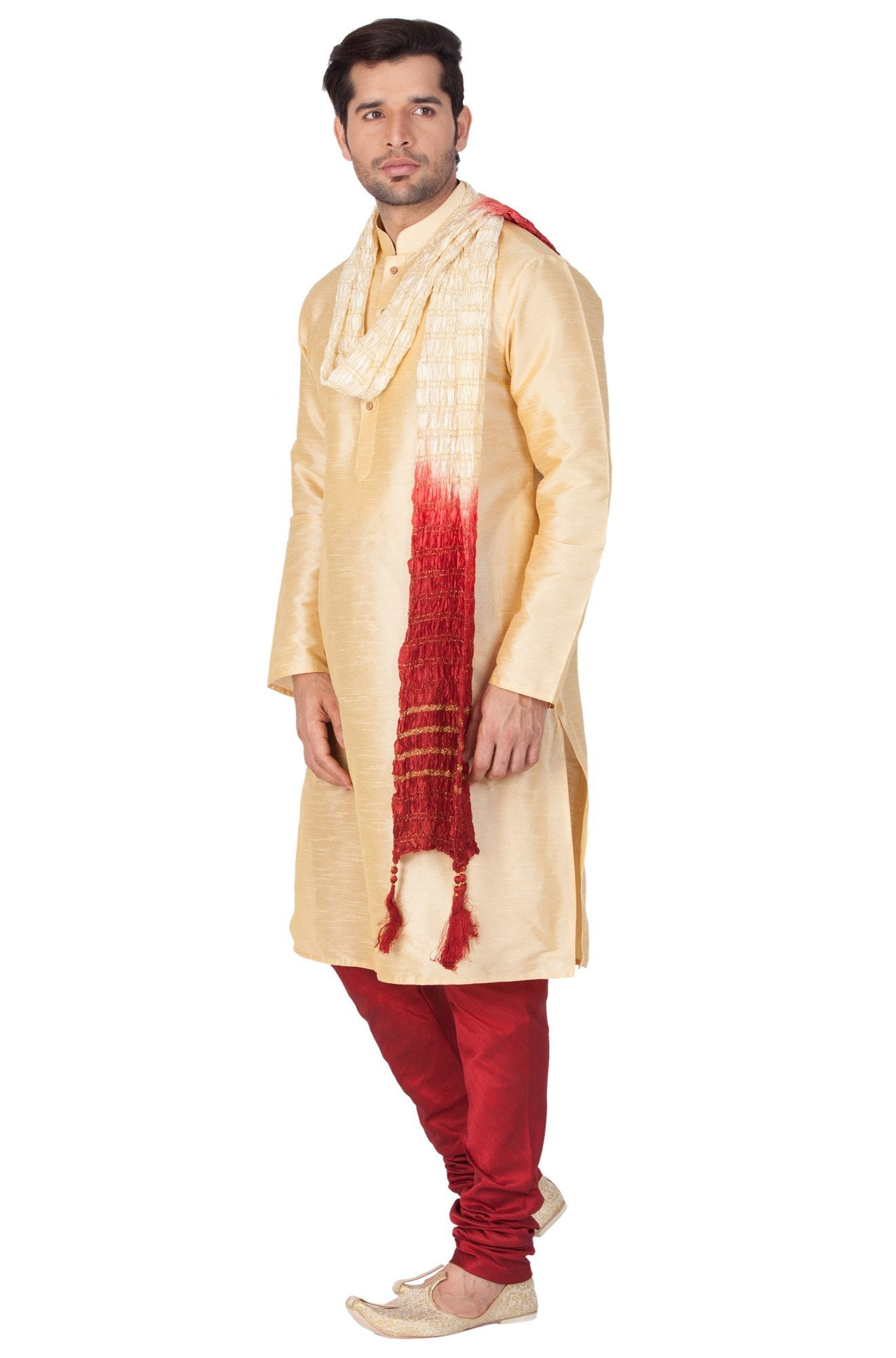 Men's Gold Cotton Silk Blend Kurta, Pyjama &amp; Dupatta Set