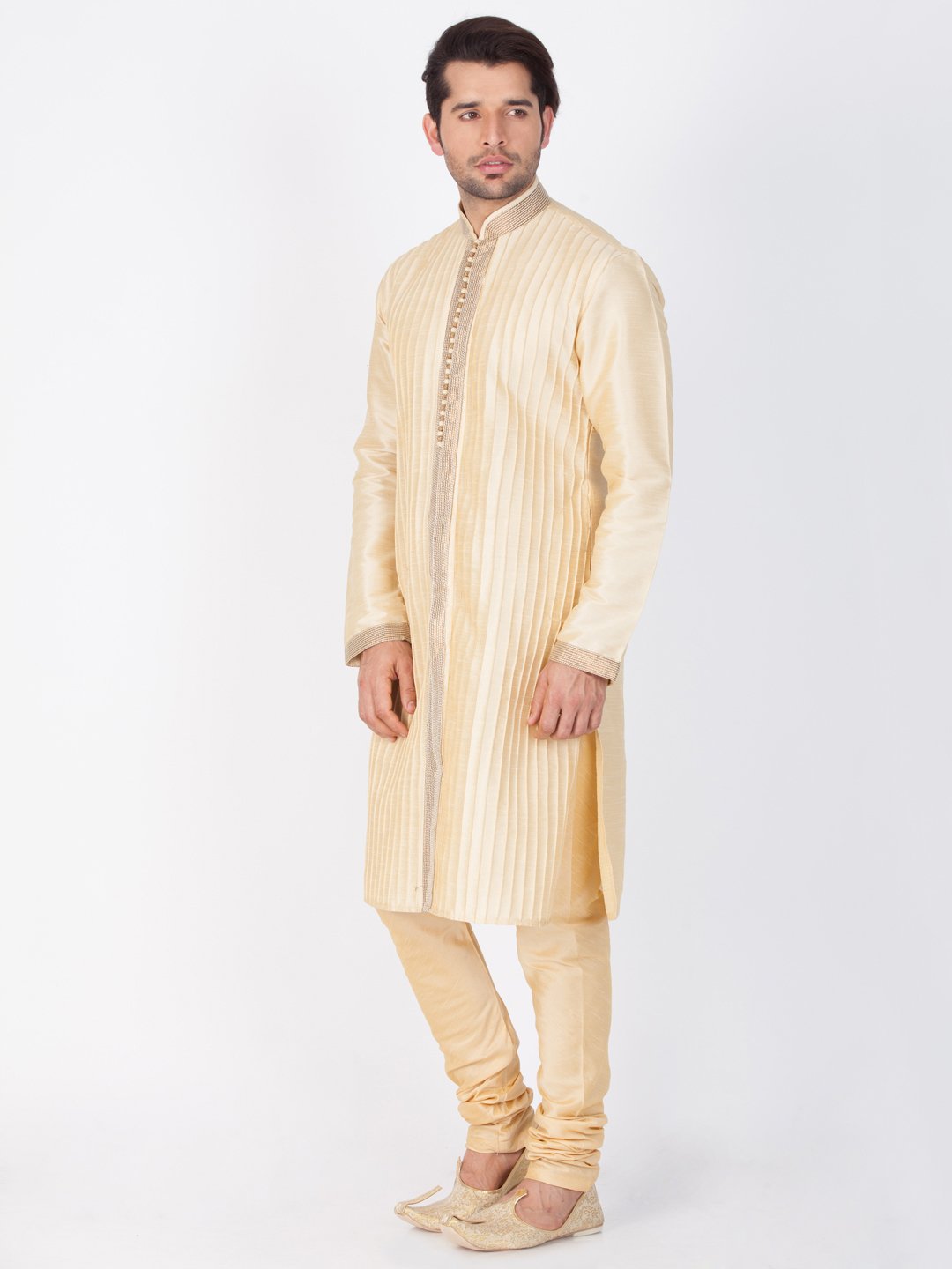 Men's Gold Cotton Silk Blend Kurta and Pyjama Set