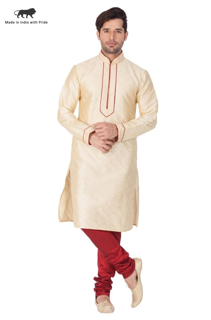 Men's Gold Cotton Silk Blend Kurta and Pyjama Set