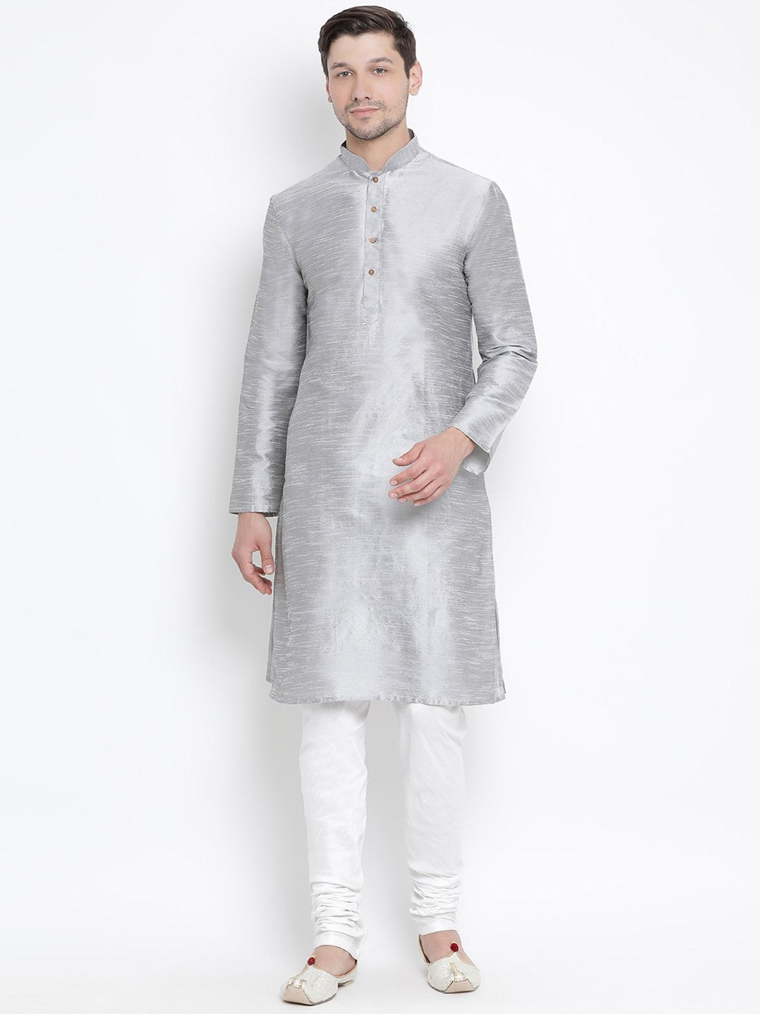 Men's Grey Cotton Silk Blend Kurta