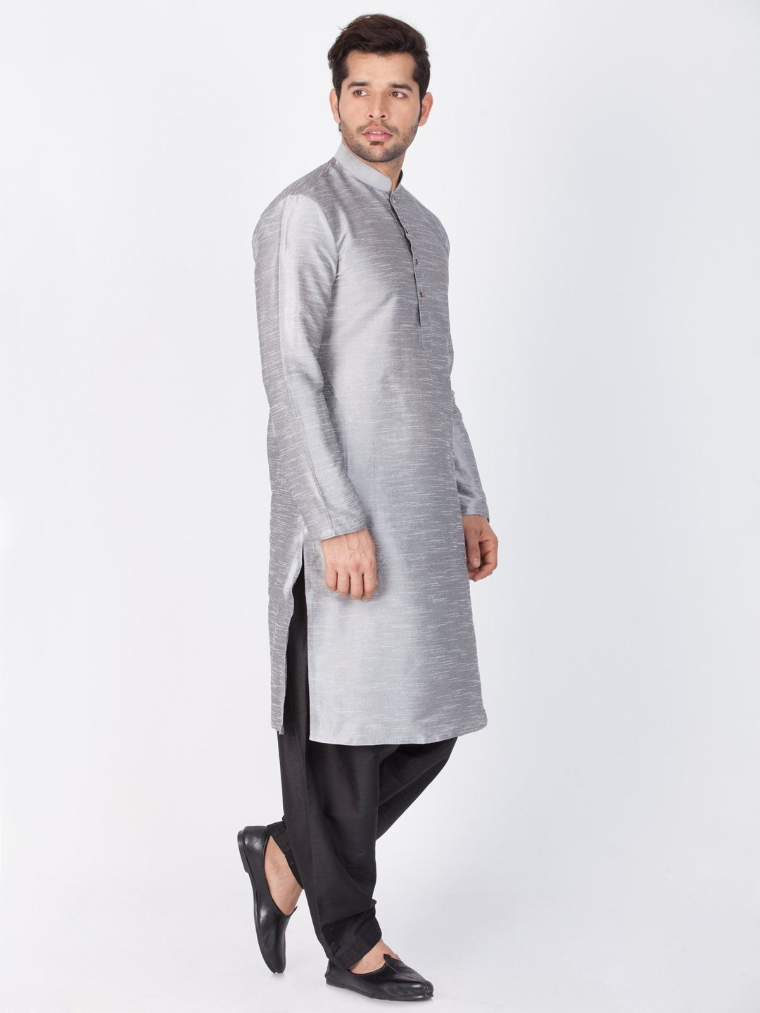 Men's Grey Cotton Silk Blend Kurta and Dhoti Pant Set