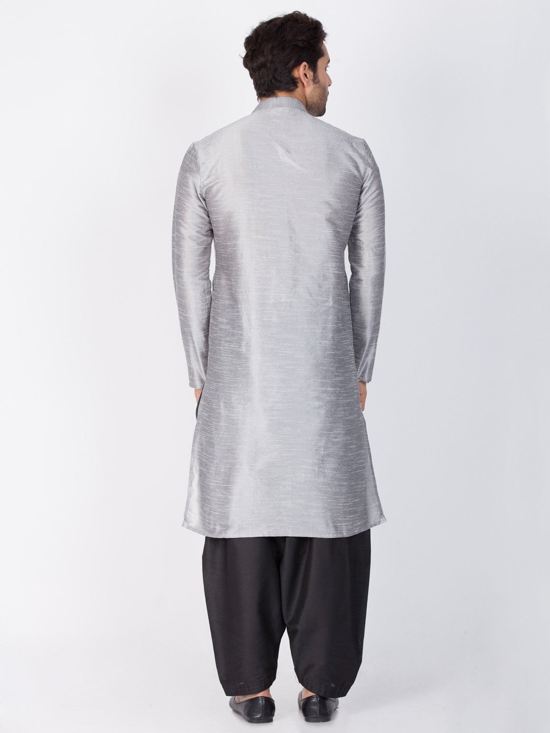 Men's Grey Cotton Silk Blend Kurta and Dhoti Pant Set