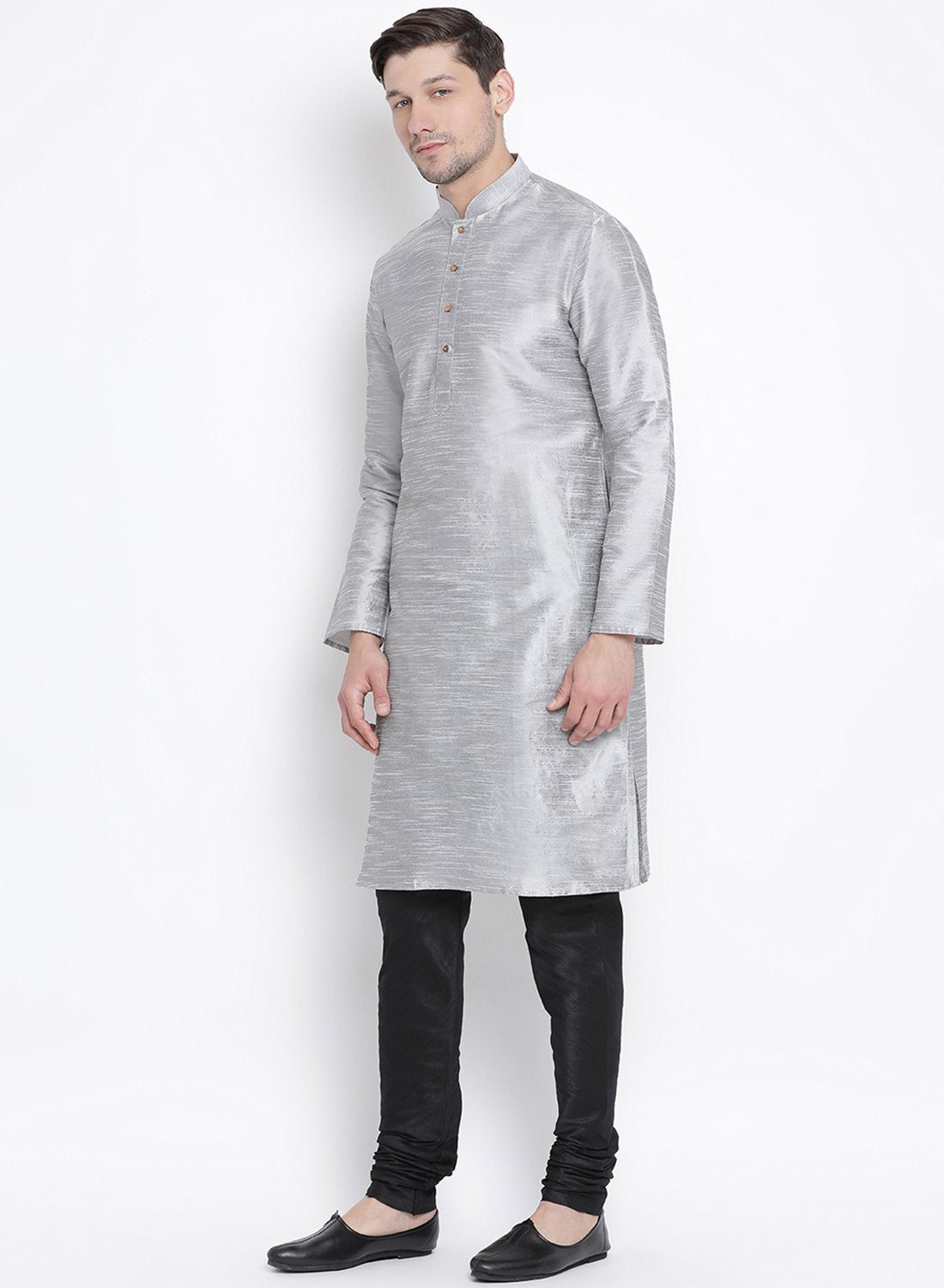 Men's Grey Cotton Silk Blend Kurta and Pyjama Set