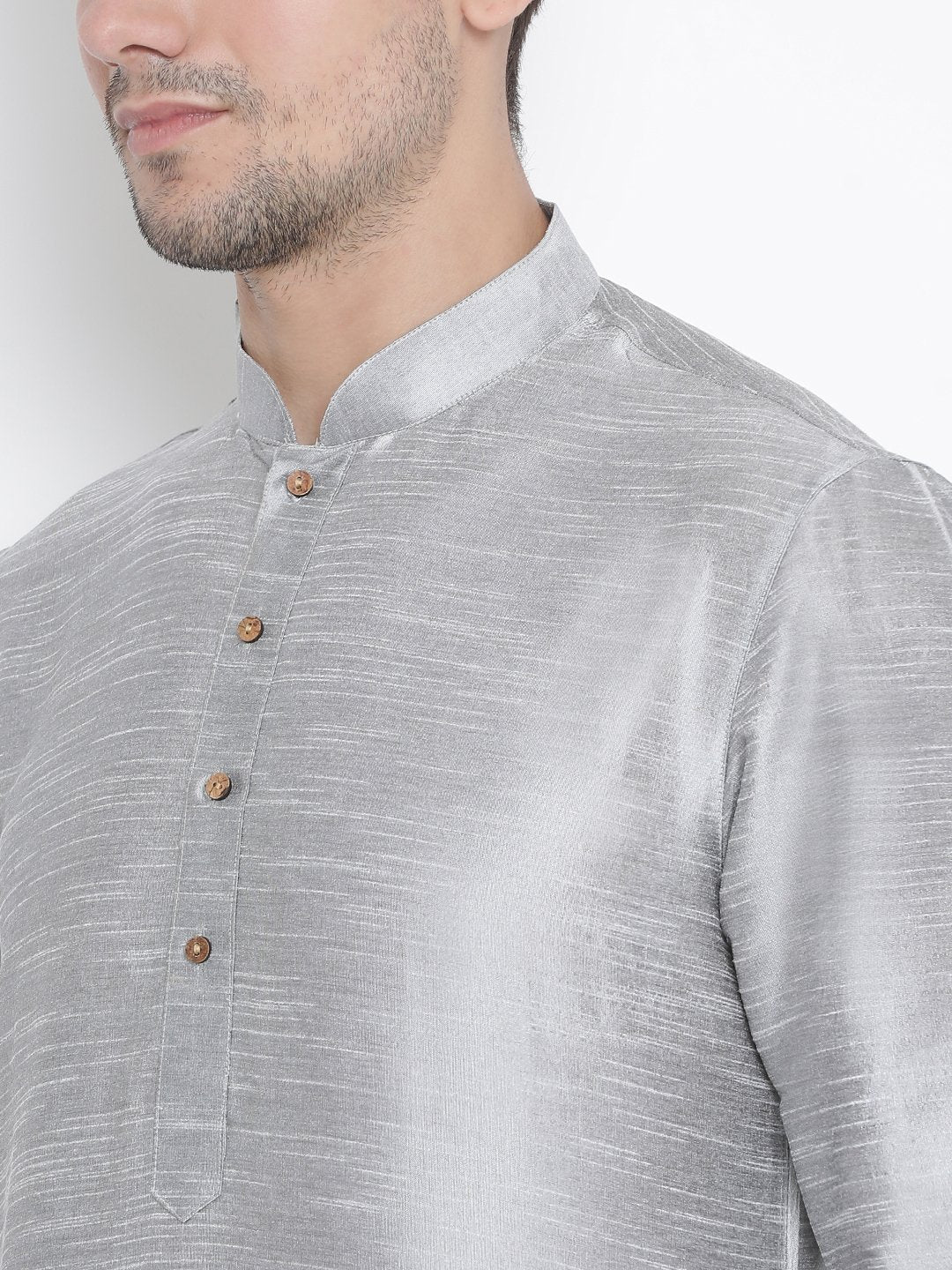 Men's Grey Cotton Silk Blend Kurta and Pyjama Set