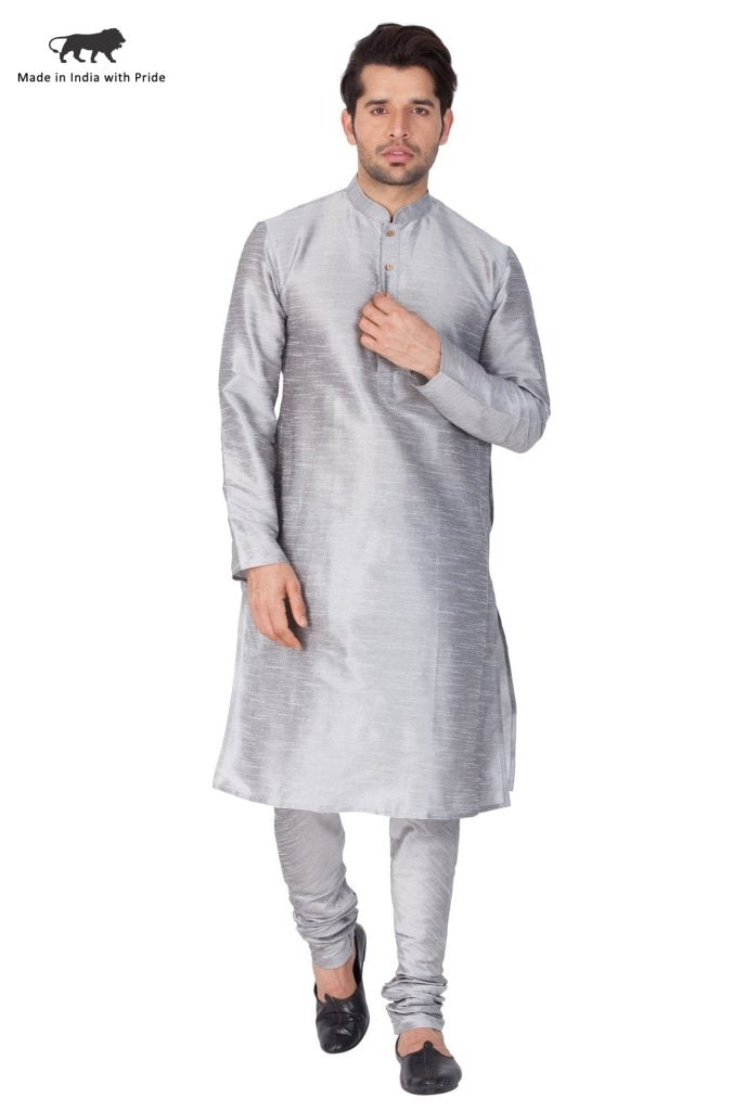 Men's Grey Cotton Silk Blend Kurta and Pyjama Set
