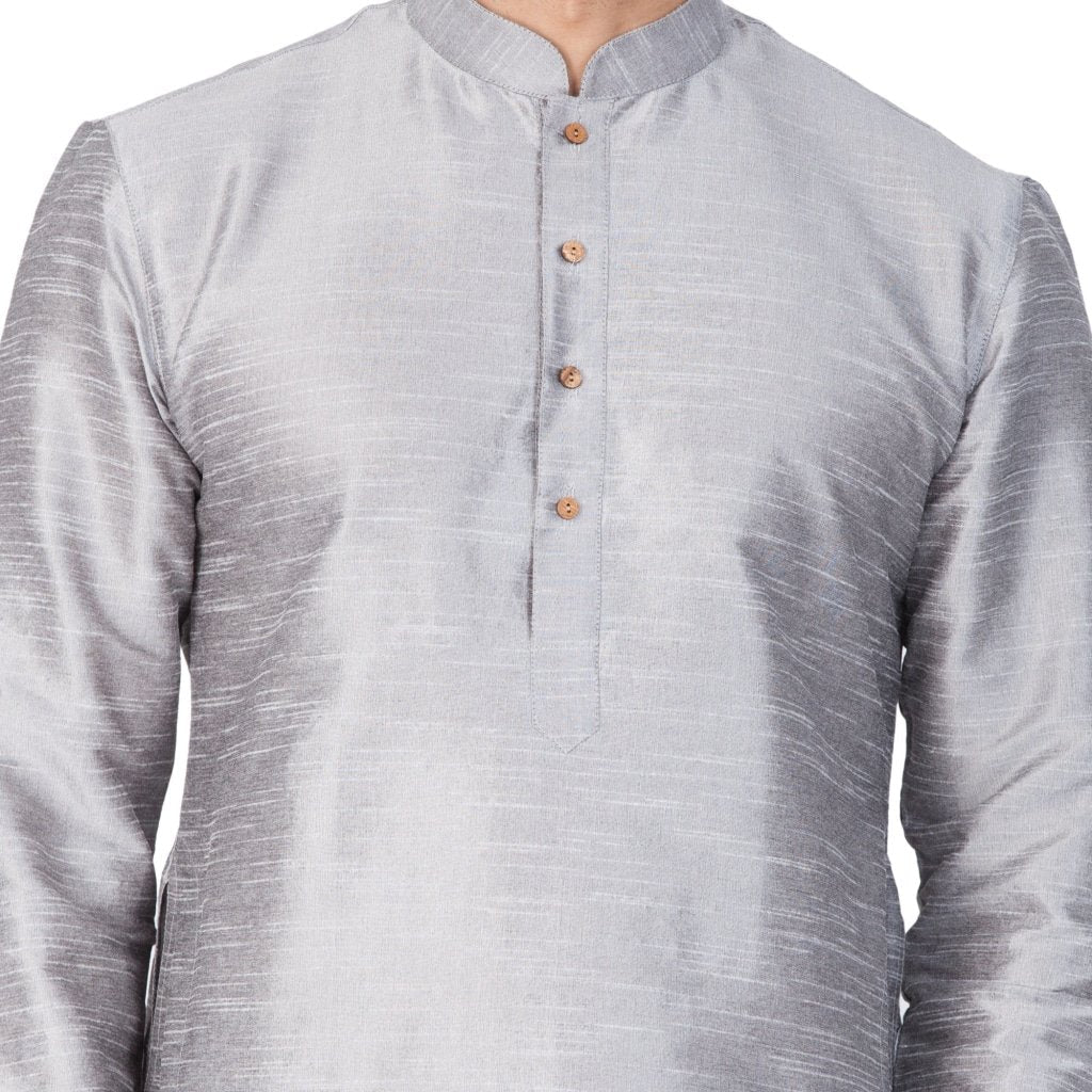 Men's Grey Cotton Silk Blend Kurta and Pyjama Set