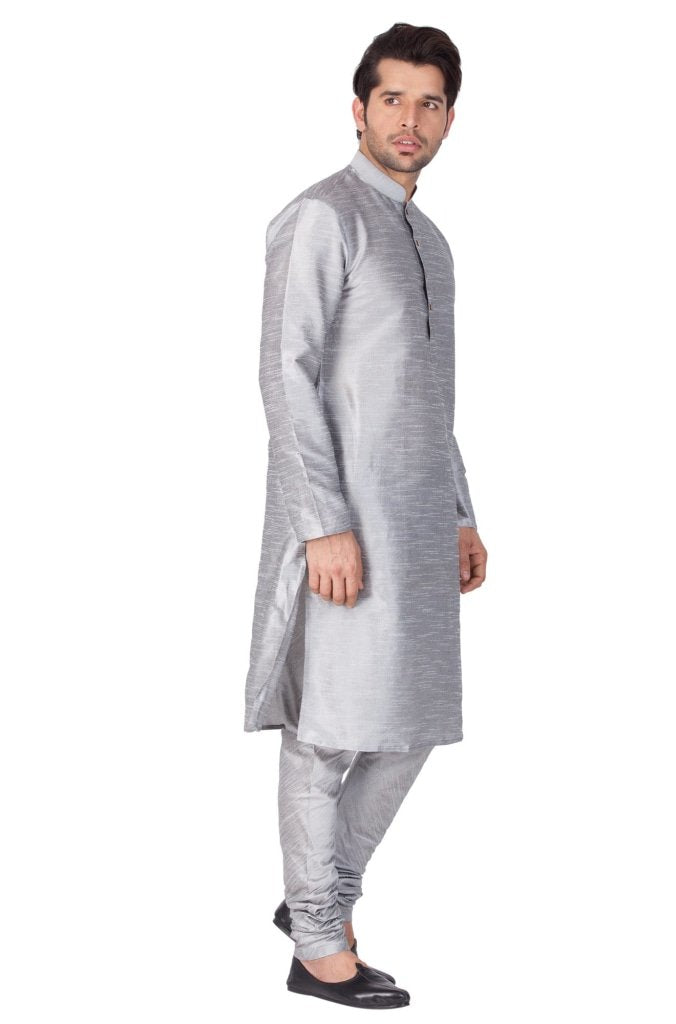 Men's Grey Cotton Silk Blend Kurta and Pyjama Set