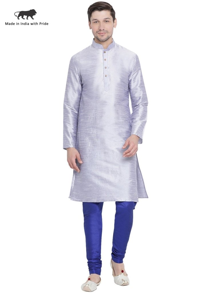 Men's Light Blue Cotton Silk Blend Kurta and Pyjama Set