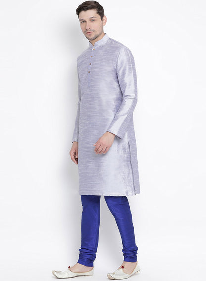 Men's Light Blue Cotton Silk Blend Kurta and Pyjama Set