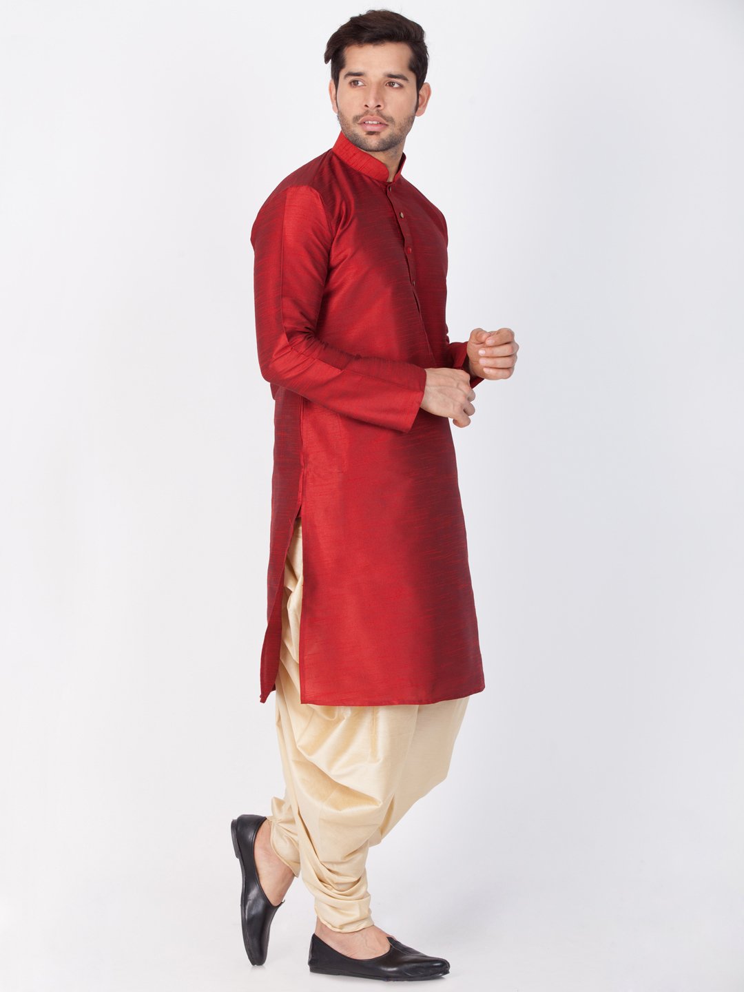 Men's Maroon Cotton Silk Blend Kurta and Dhoti Pant Set