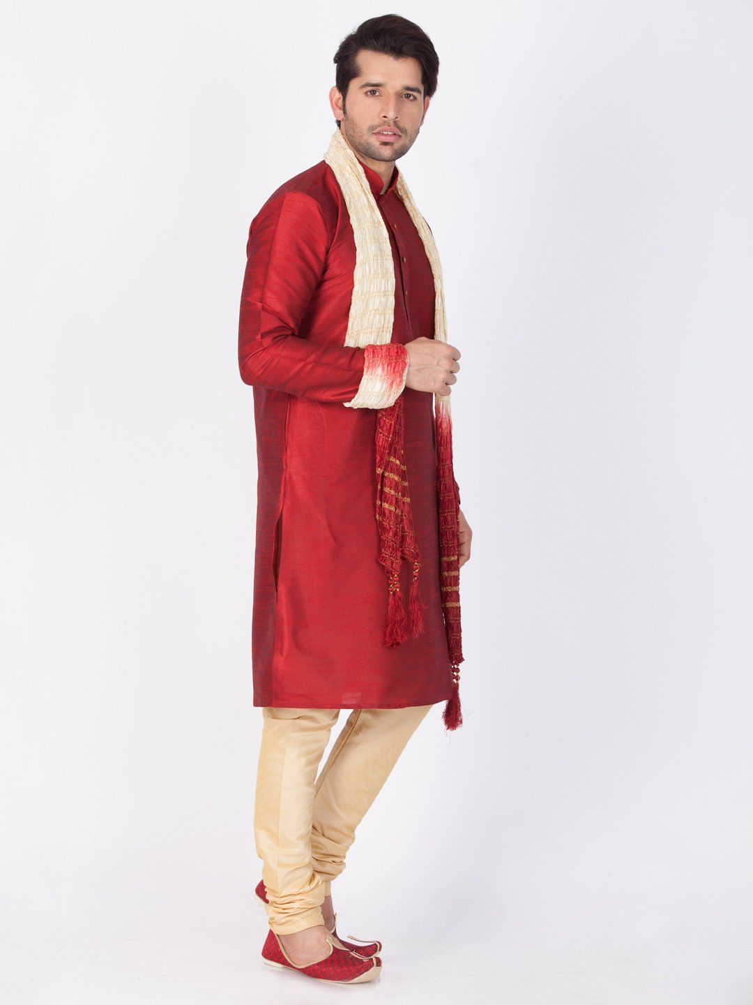 Men's Maroon Cotton Silk Blend Kurta, Pyjama &amp; Dupatta Set