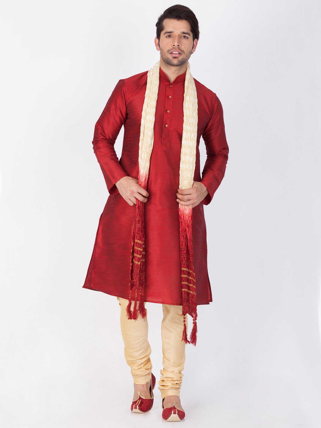 Men's Maroon Cotton Silk Blend Kurta, Pyjama &amp; Dupatta Set